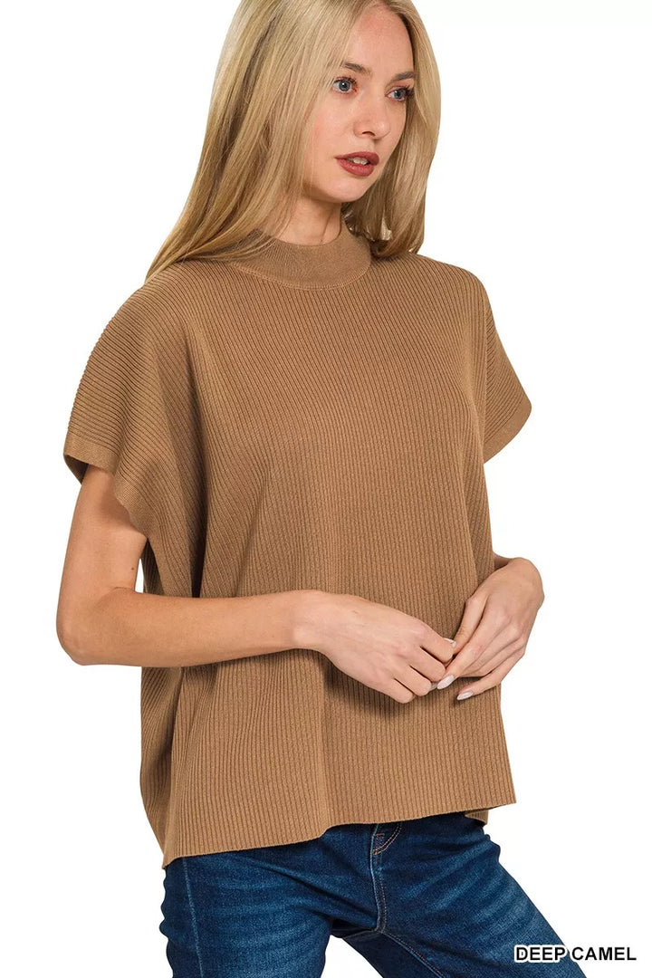 Deep Camel Zenana Viscose Mock Neck Short Sleeve Boxy Sweater 1