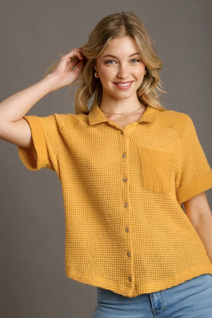 Yellow Umgee Full Size Waffle Knit Short Sleeve Button Down Shirt Plus Size