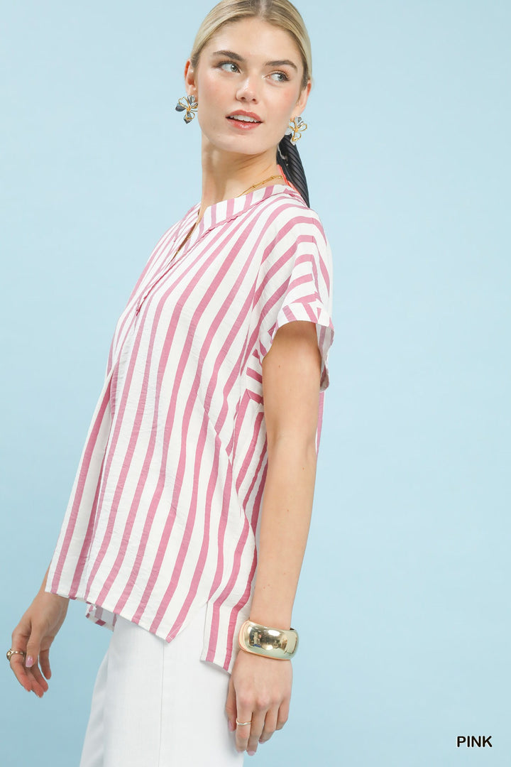 Pink Umgee Mixed Stripe Split Neck Oversized Blouse