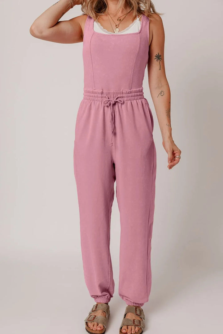 Dusty Pink Elastic Waist Sleeveless Square Neck Jumpsuit