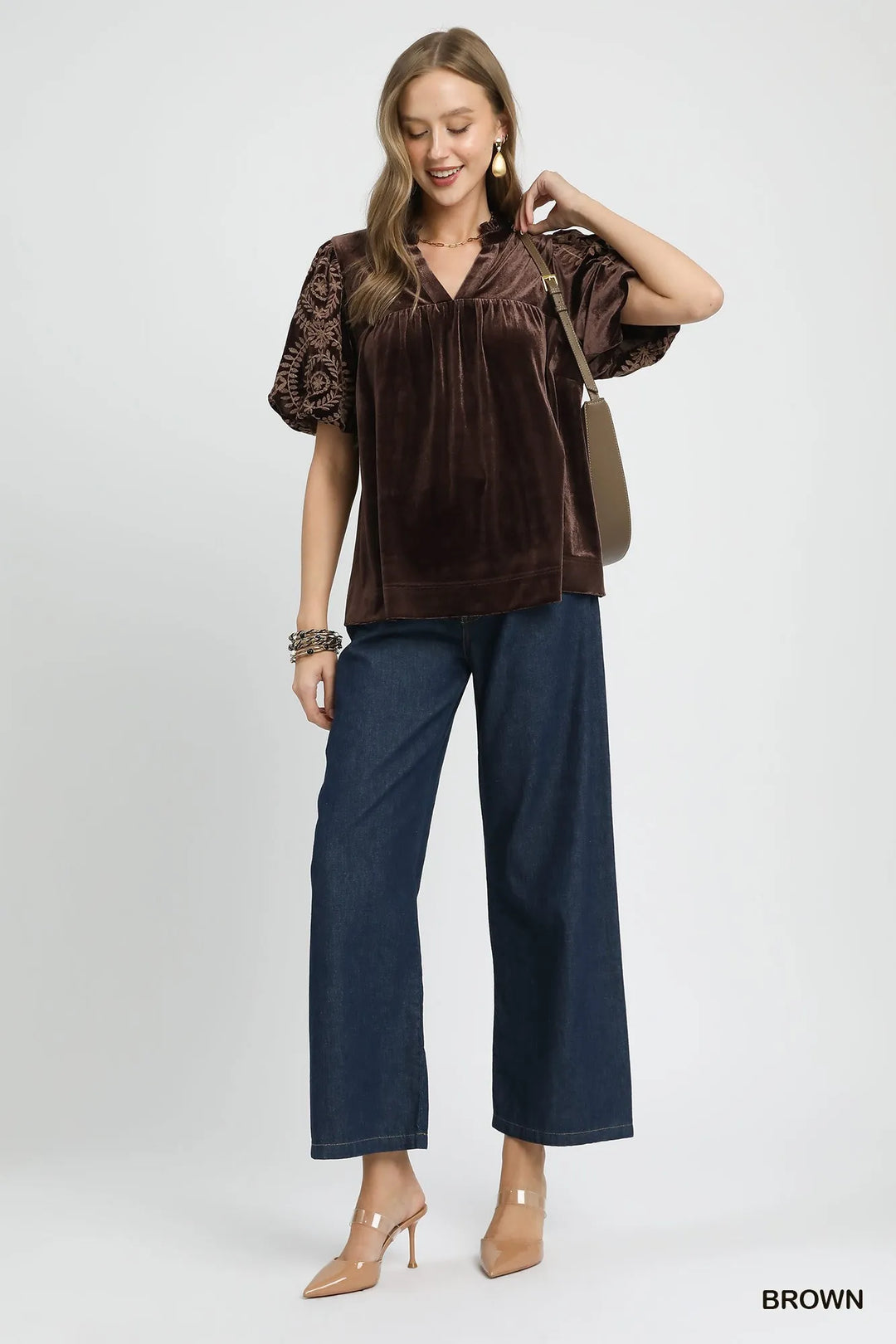 Brown Umgee Full Size Velvet Embroidered Sleeve Blouse Plus Size