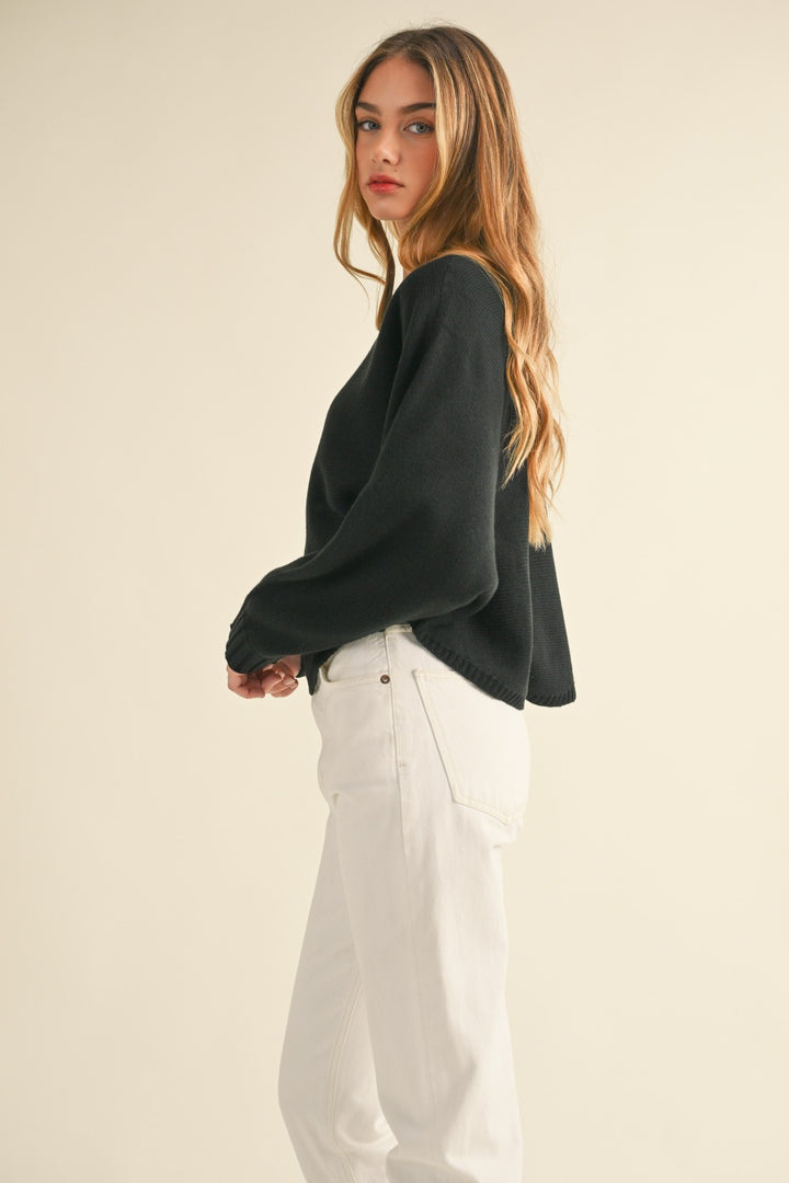 Black Mable Round Neck Dolman Sleeve Cropped Sweater