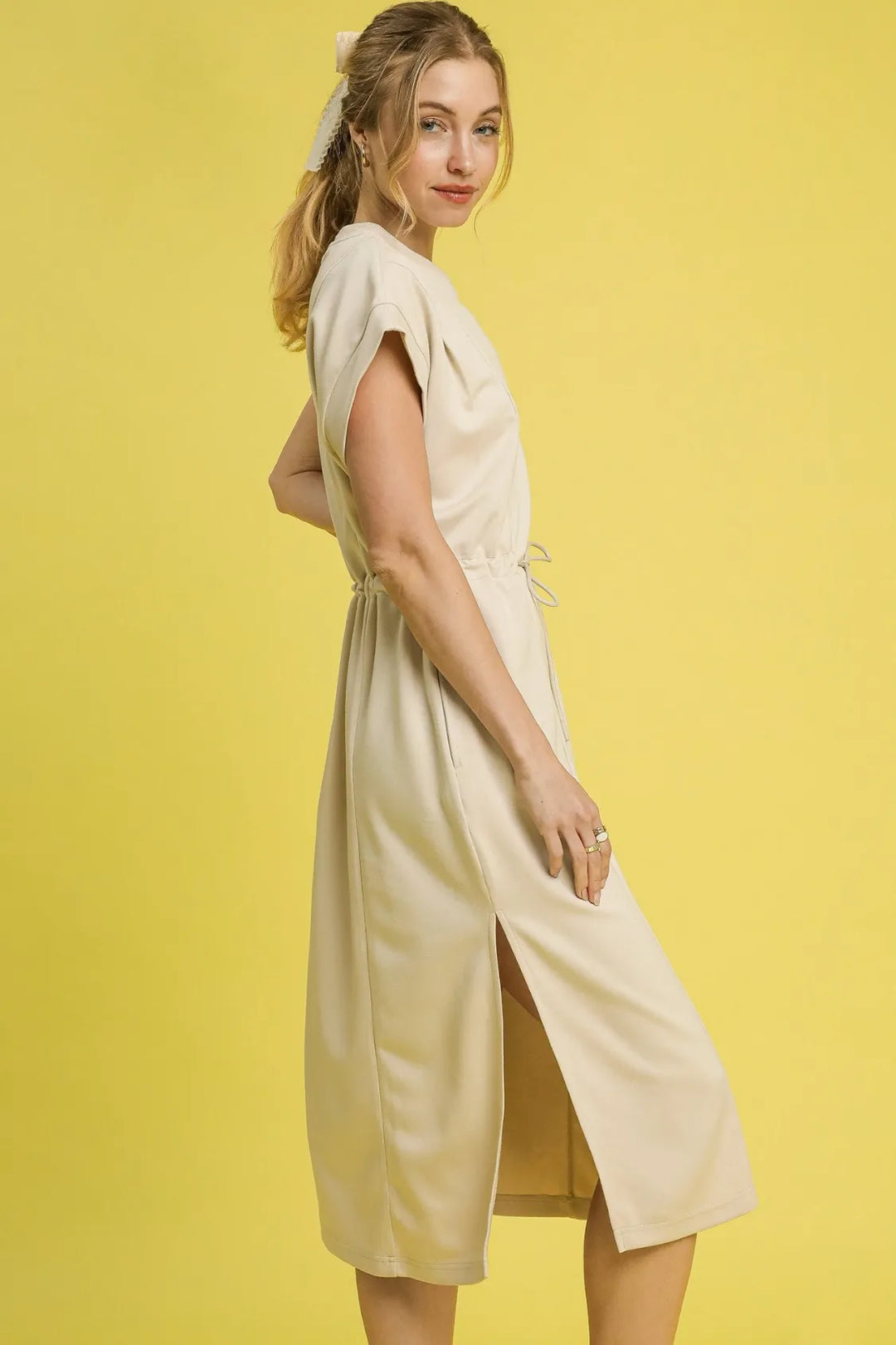 Ecru Umgee Side Slit Short Sleeve Midi Tee Dress 1