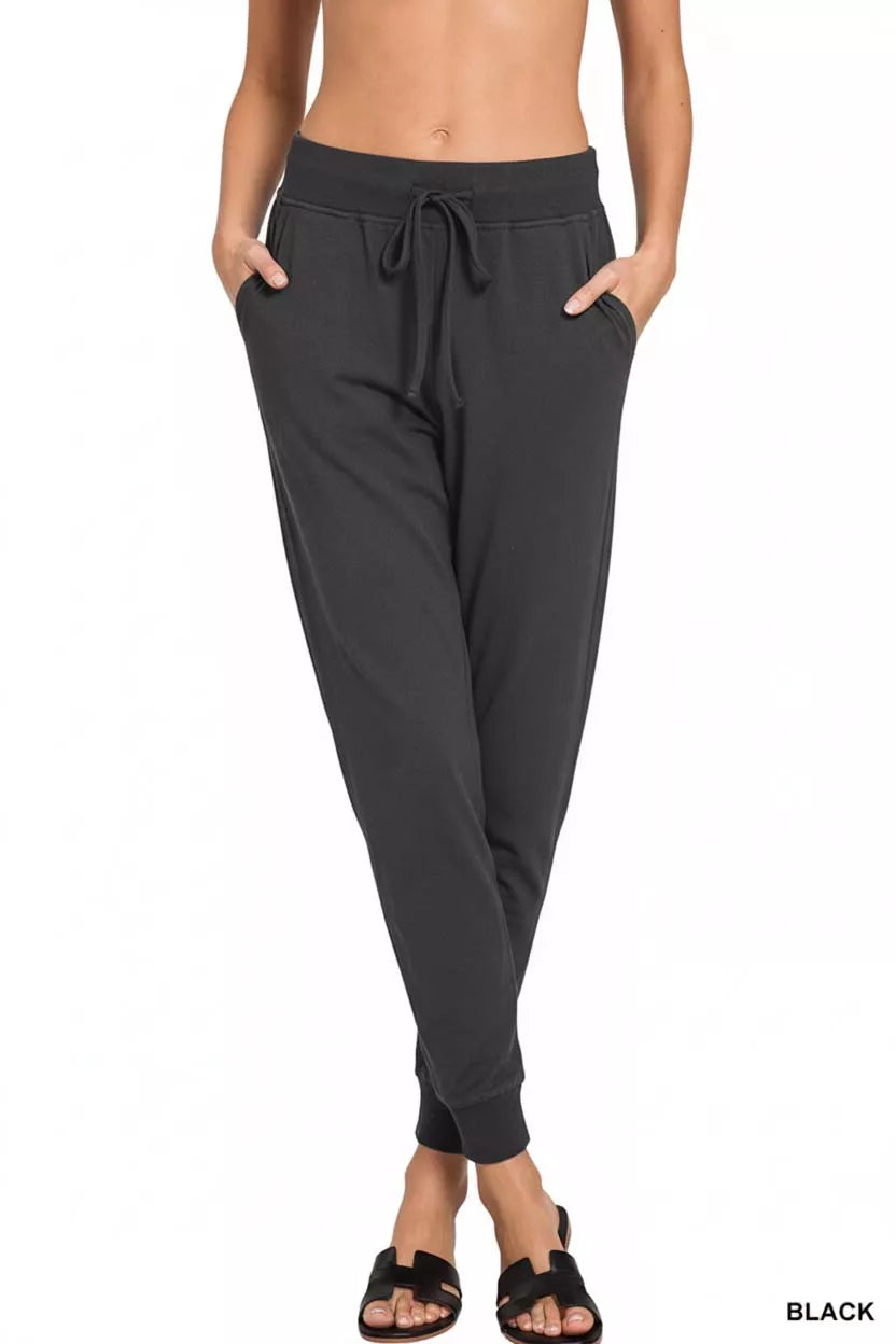 Black Zenana Drawstring Cotton Joggers With Pockets