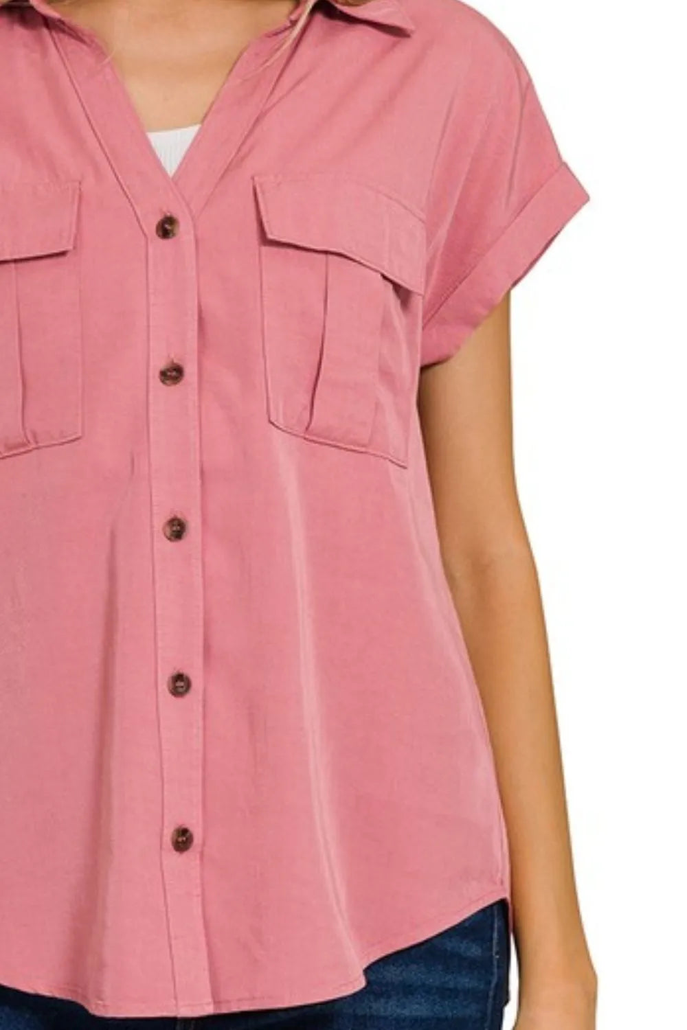 Dusty Rose Zenana Tencel V Neck Collared Top W Front Flap Pockets 1