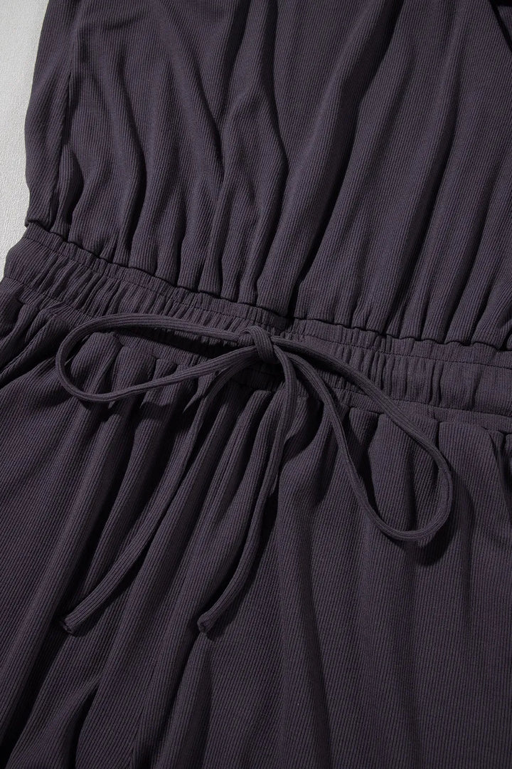 Knit Open Back Cap Sleeve Drawstring Romper