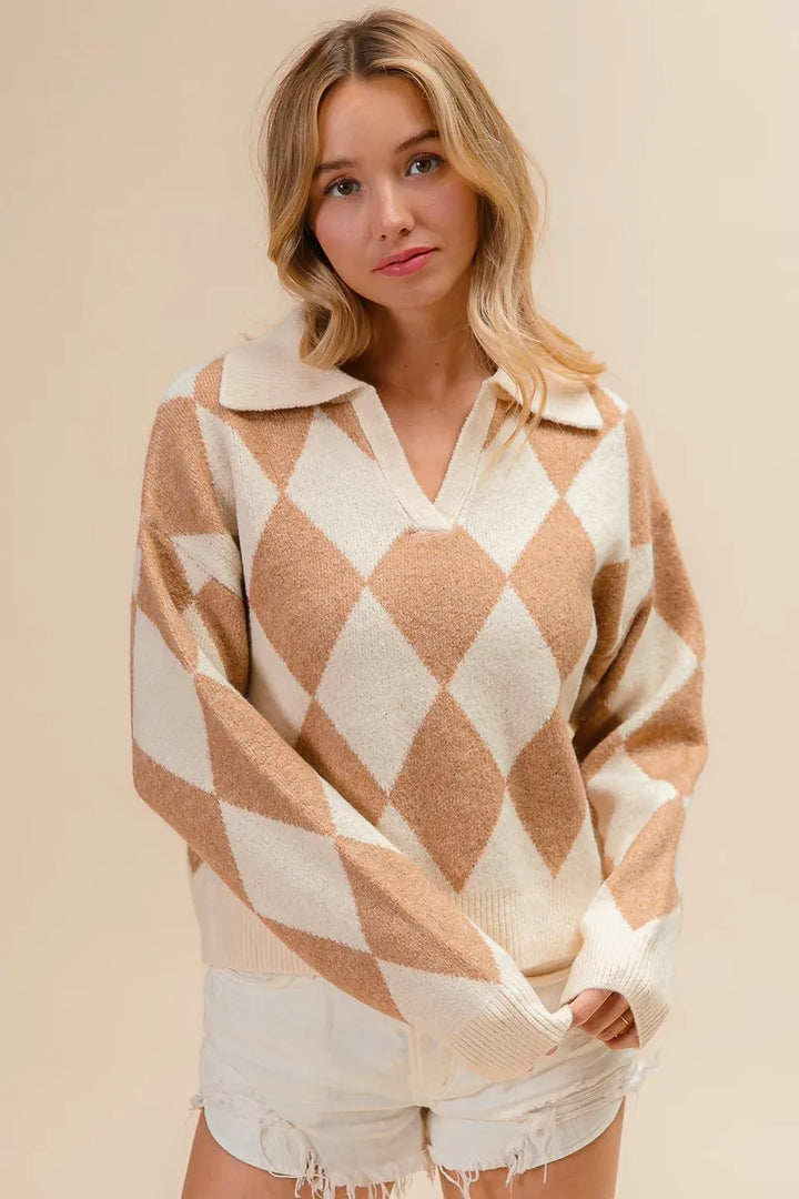 Bibi Diamond Pattern Collared Notch Neck Sweater