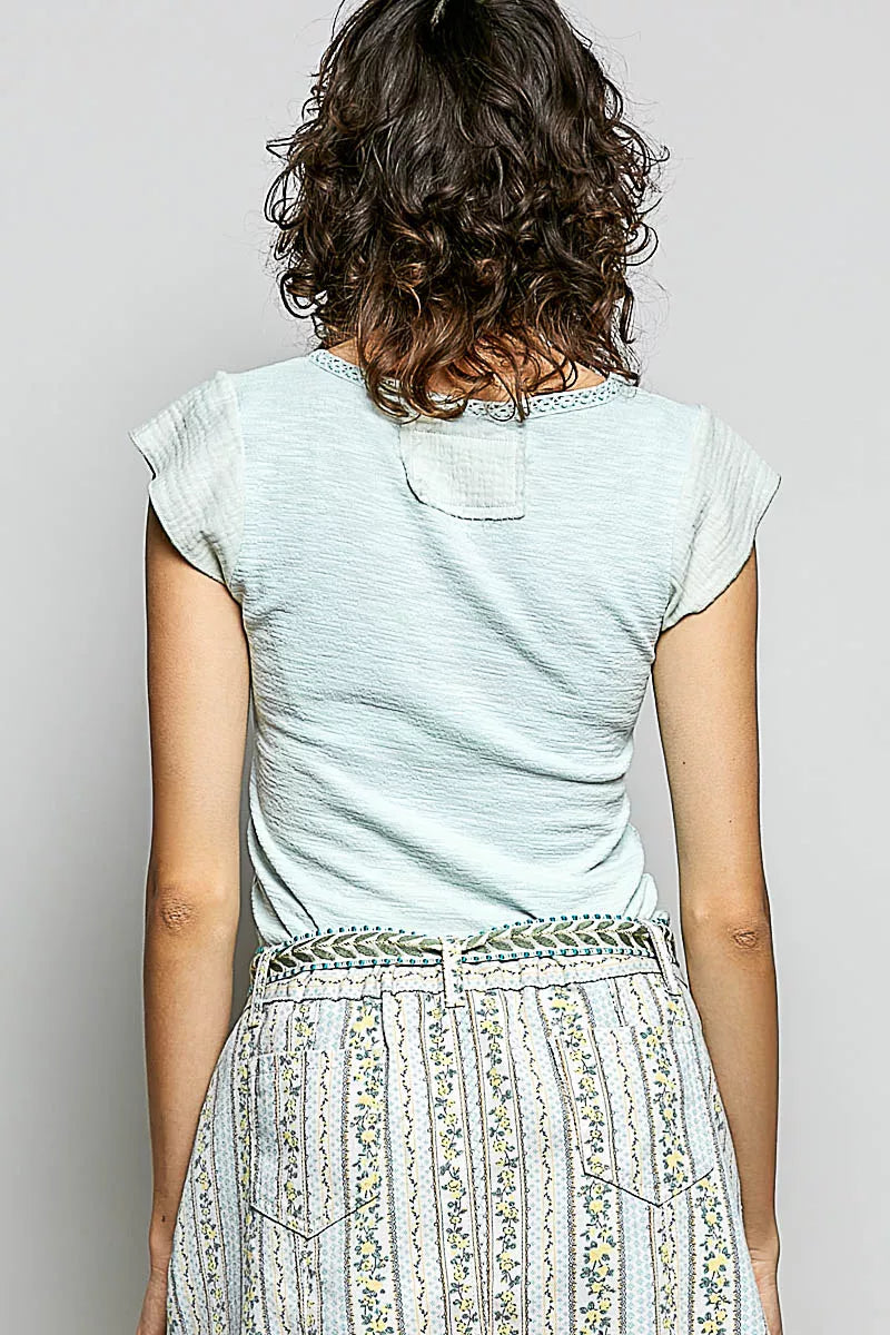 Pol V Neck Lightweight Textured Short Sleeve Knit Top With Lace Trim 1