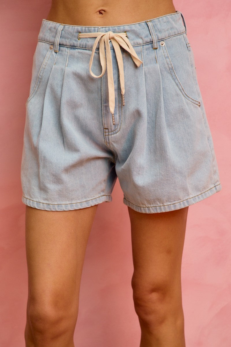 Light Denim So Me Mid Rise Denim Shorts With Cotton Tape Drawstring