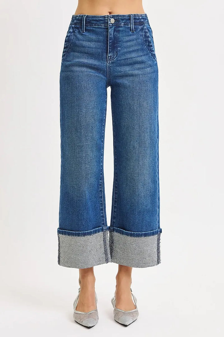 Dark Risen High Rise Ankle Wide Rhine Stone Cuffed Jeans