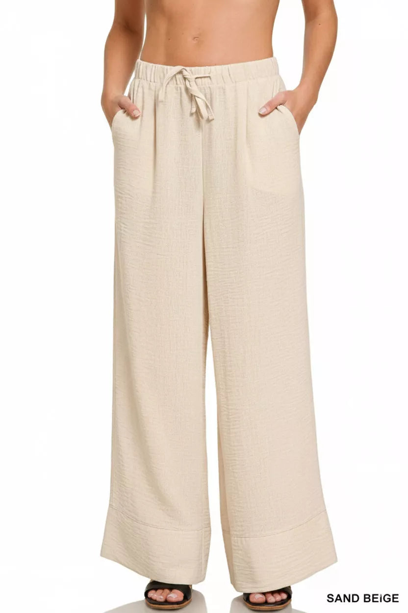 Sand Beige Zenana Woven Airflow Drawstring Pants 1