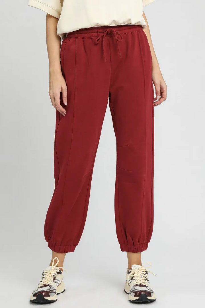 Burgundy Umgee Fleece Jogger Pants With Drawstring 1