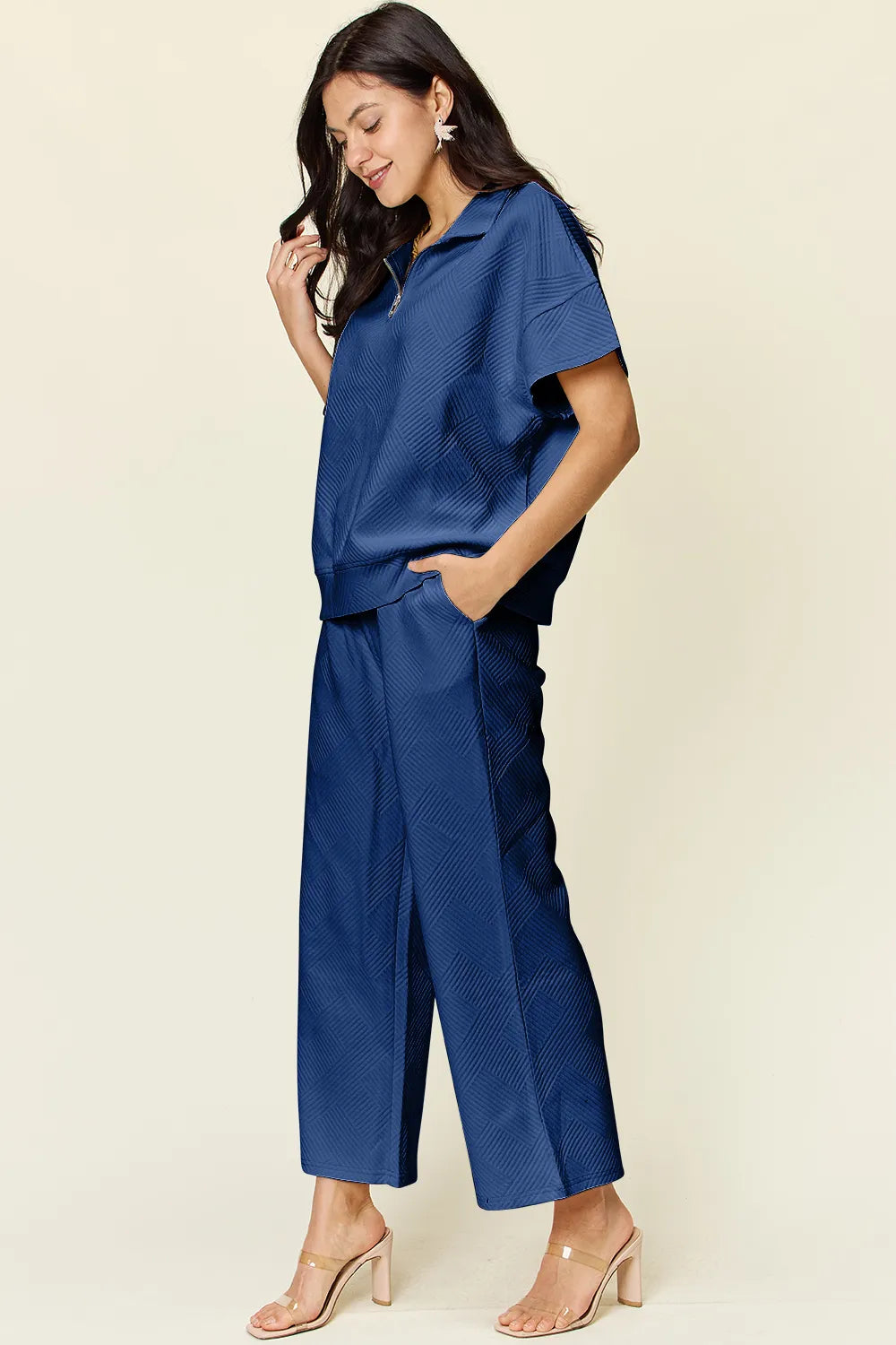 Deep Teal Double Take Full Size Texture Half Zip Short Sleeve Top And Pants Set 1