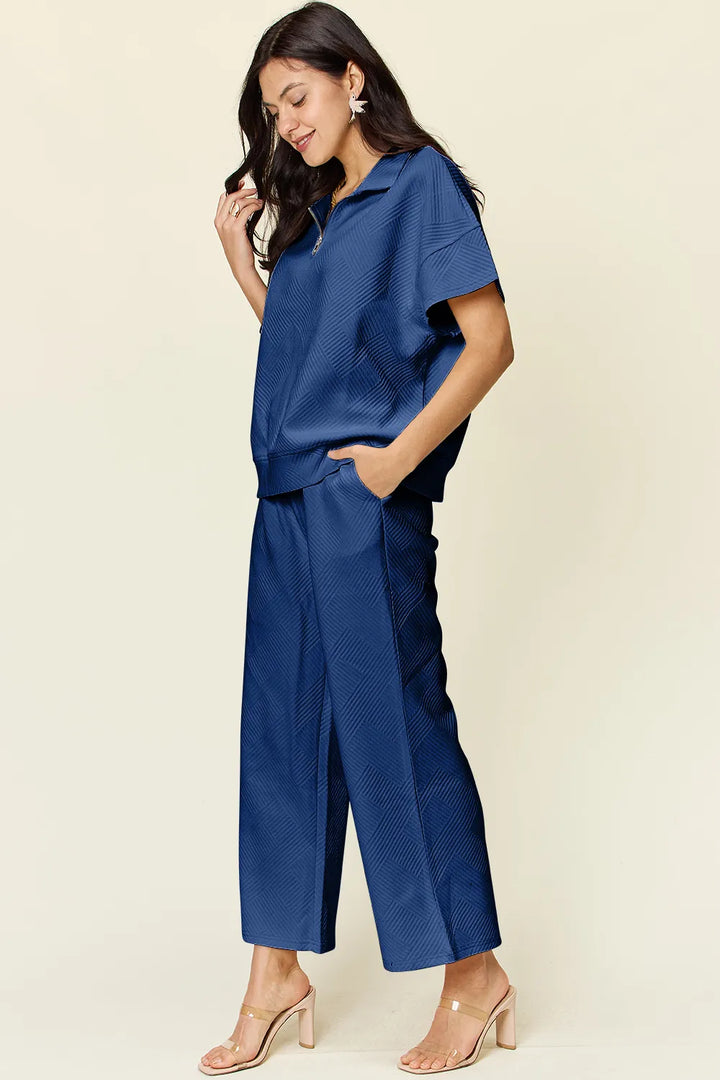 Deep Teal Double Take Full Size Texture Half Zip Short Sleeve Top And Pants Set 1