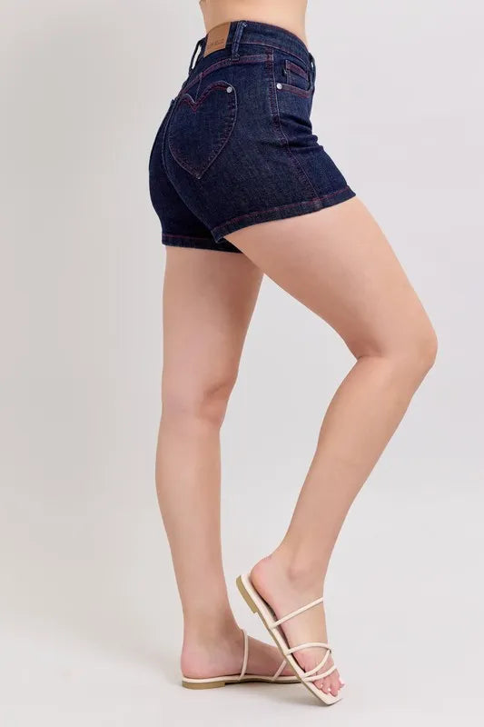 Judy Blue High Waist Heart Shaped Pkts Red Contrast Thread Denim Shorts