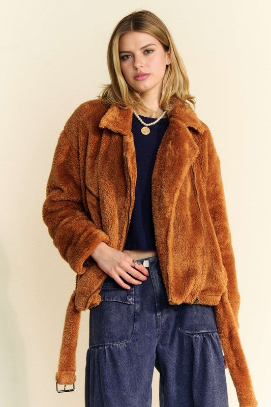 Davi Dani Fuzzy Zip Up Collared Neck Jacket
