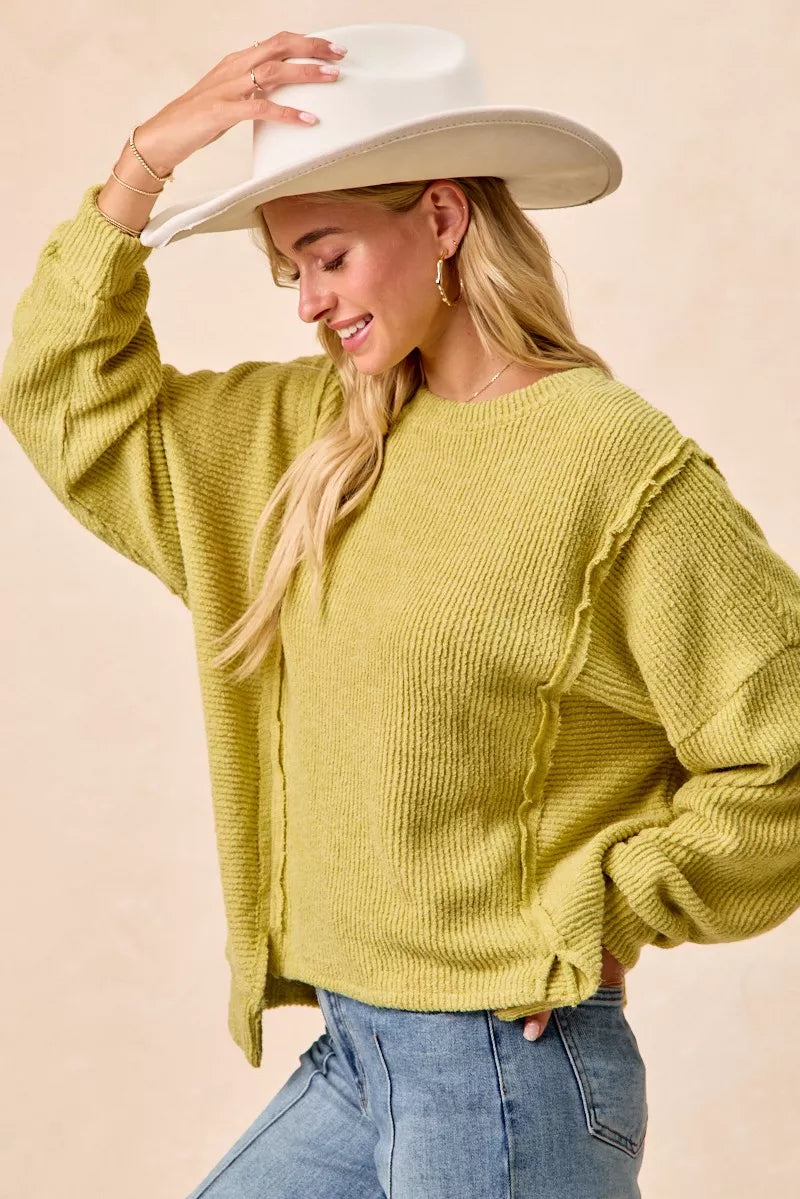Lime Bibi Boucle Rib Knit Uneven Hem Sweater With Open Seam