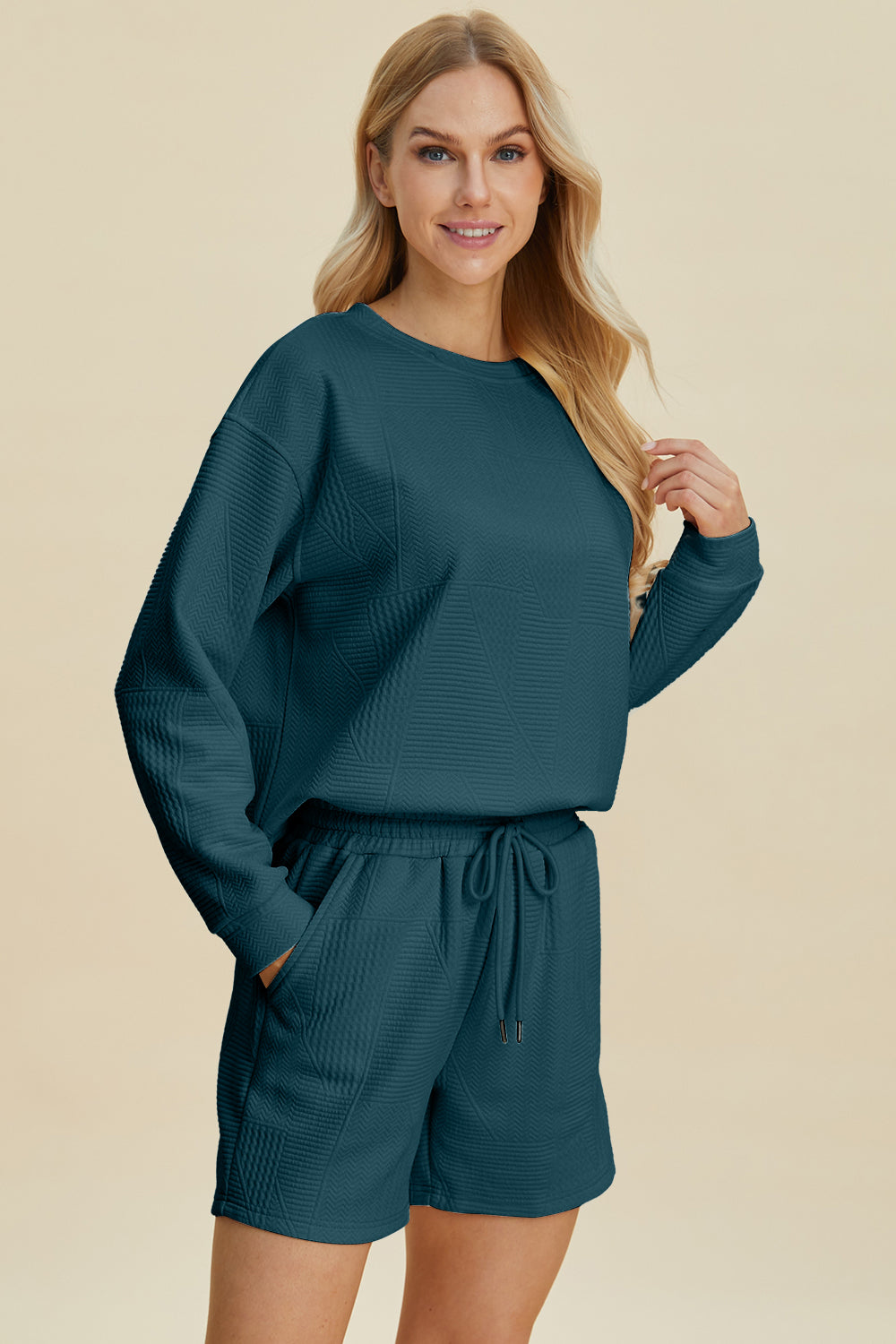 Peacock  Blue Double Take Full Size Texture Round Neck Long Sleeve Top And Shorts Set