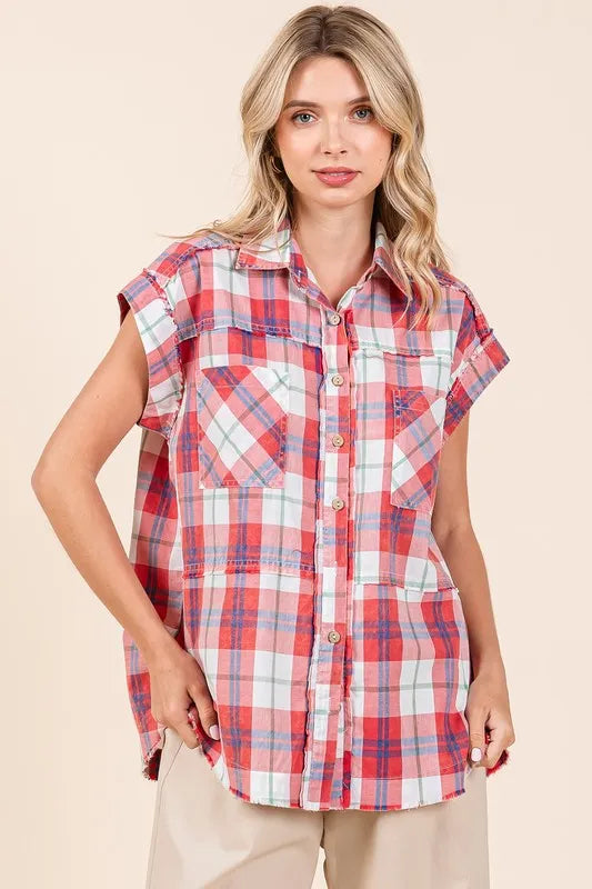 Red Mittoshop Mineral Wash Plaid Button Down Shirt 1