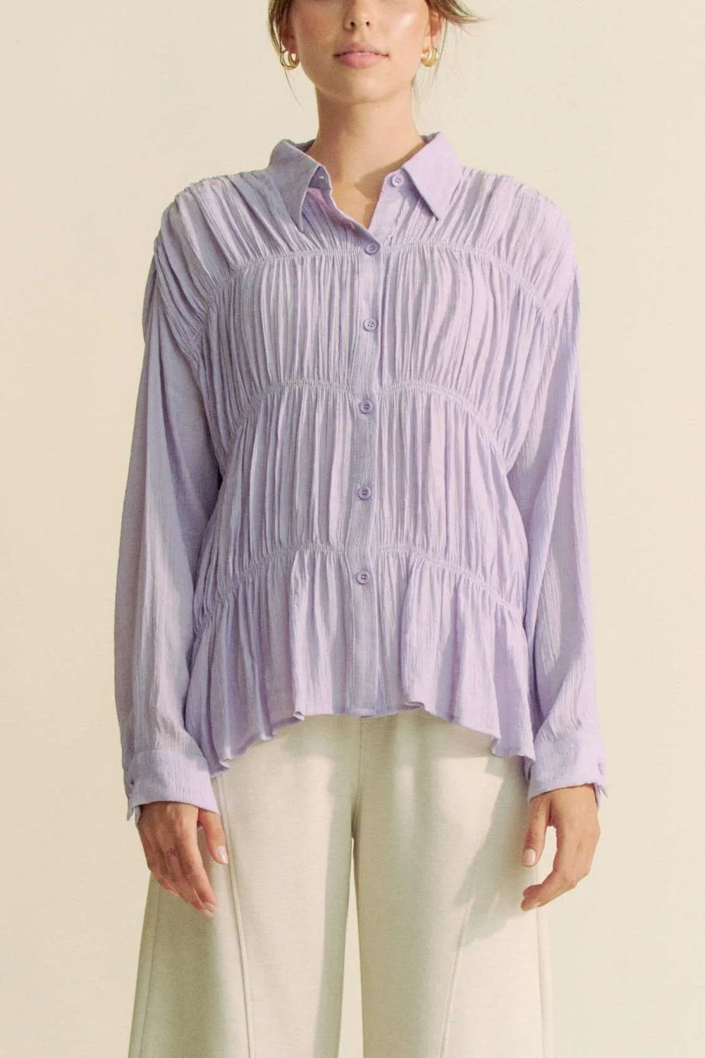Lilac Davi Dani Ruched All Over Button Front Shirt 1