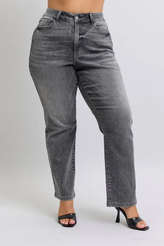 Gry Judy Blue Full Size High Waist Rhinestone Straight Jeans Plus Size