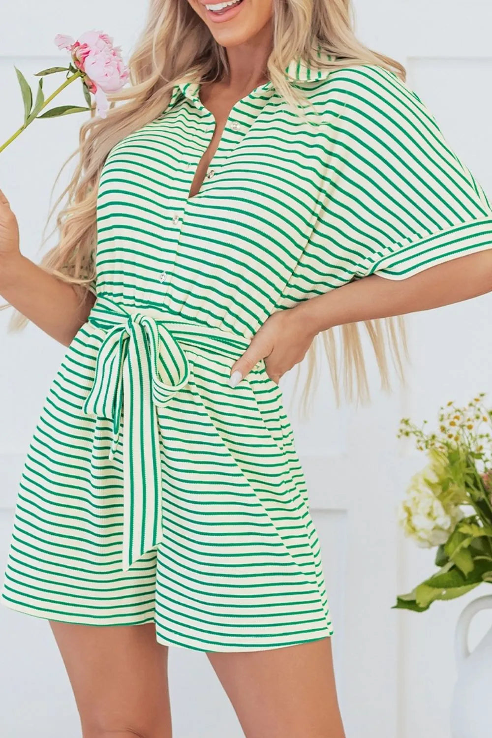 Striped Half Sleeve Tie Waist Romper