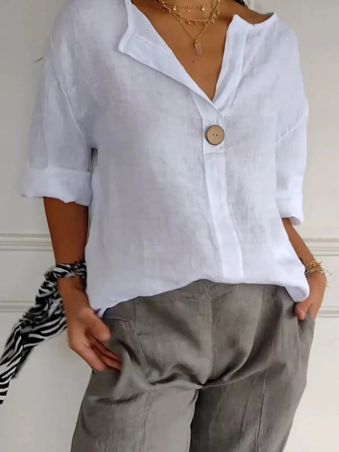 Black Full Size Linen Blend Notched Blouse Plus Size