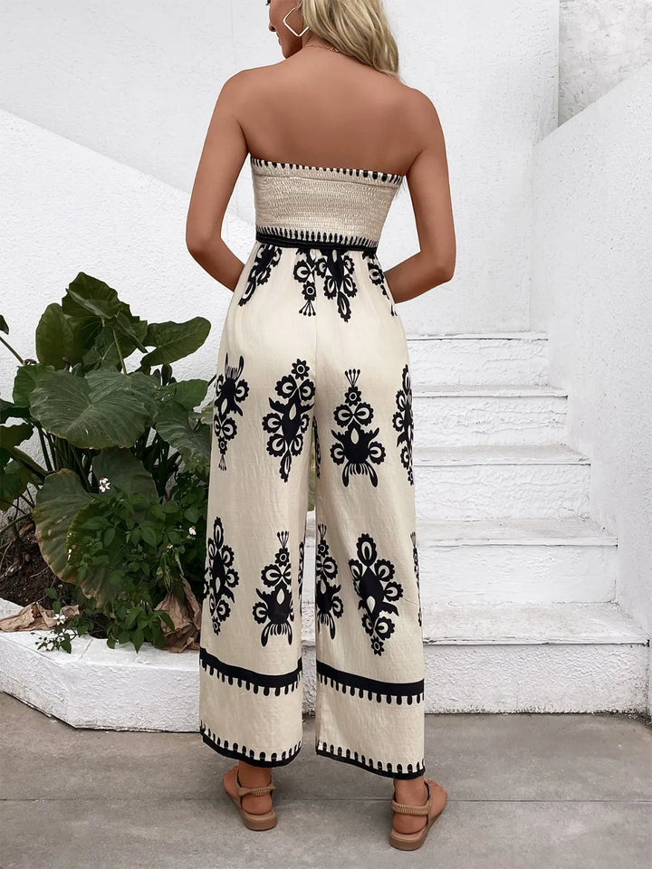 Beige Smocked Printed Wide Leg Jumpsuit