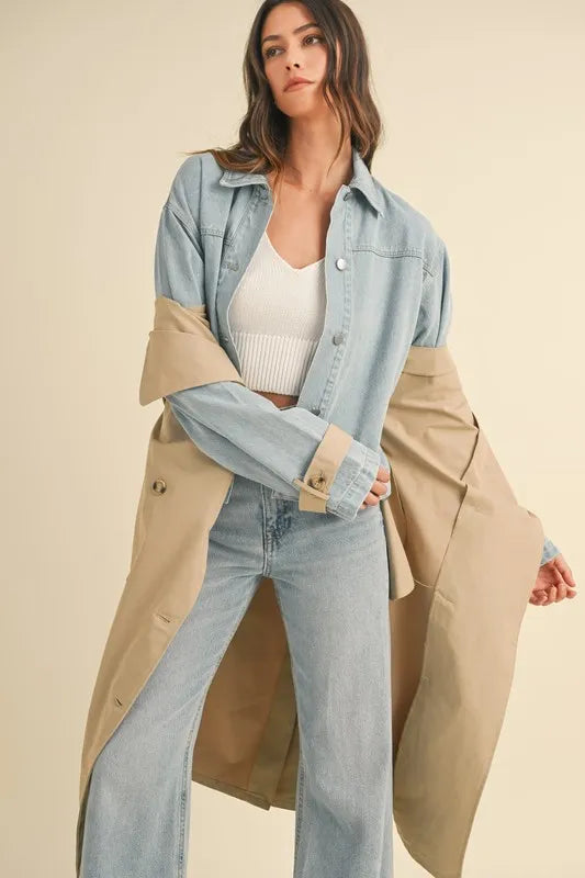 Mable Layered Look Trench Coat With Denim Jacket