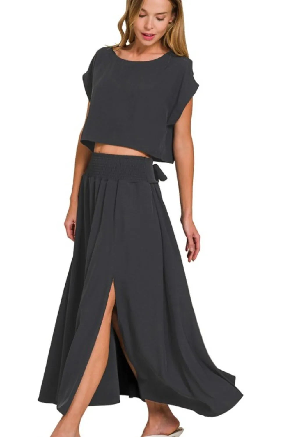 Black Zenana Heavy Woven Span Crop Tee Skirt Set 3