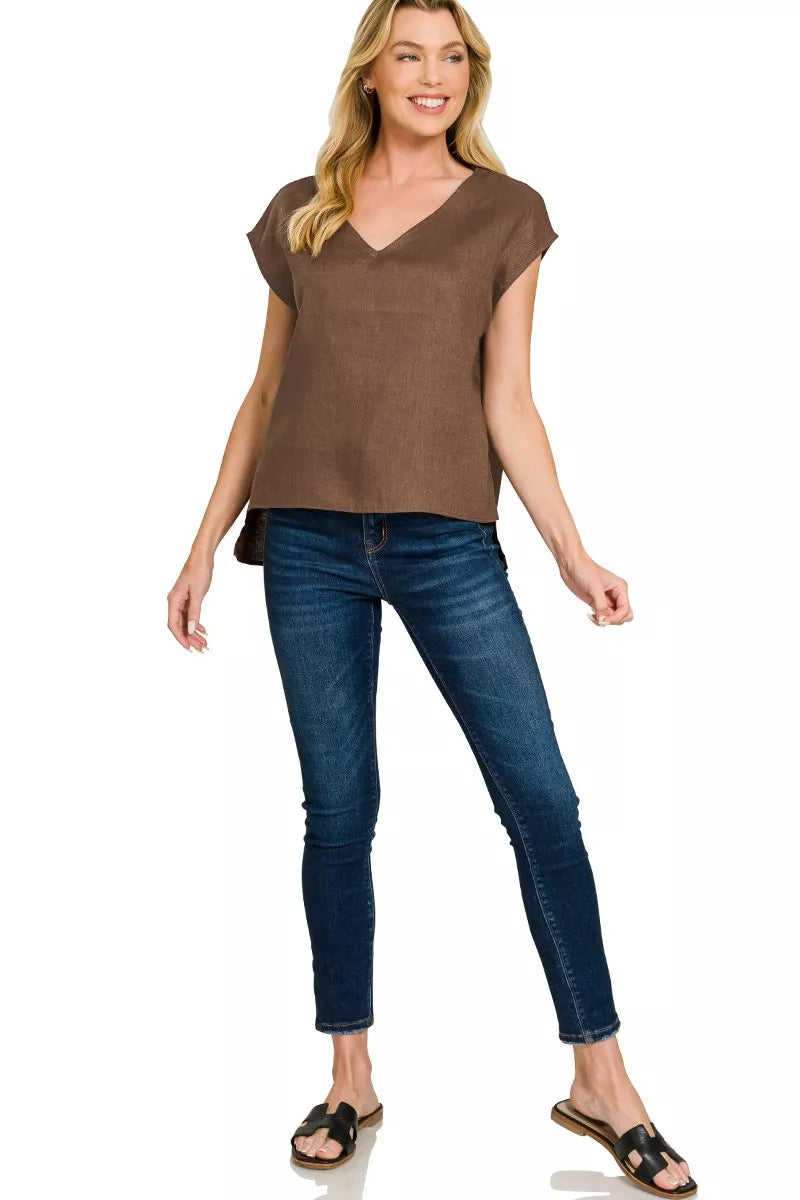 Brown Zenana Linen V Neck Sleeveless Top