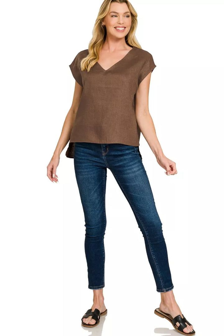 Brown Zenana Linen V Neck Sleeveless Top