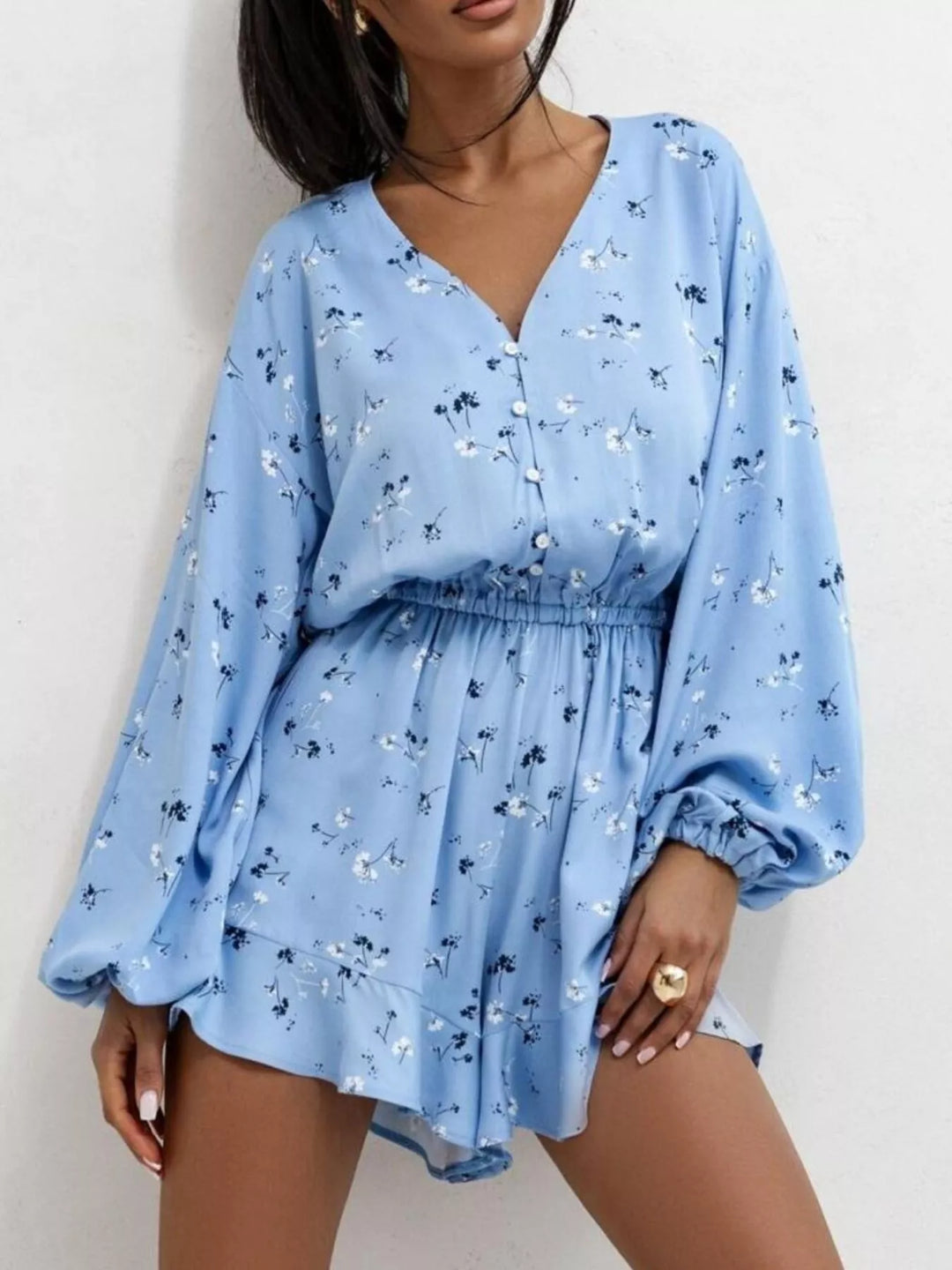 Blue Floral V Neck Long Sleeve Romper With Elastic Waist