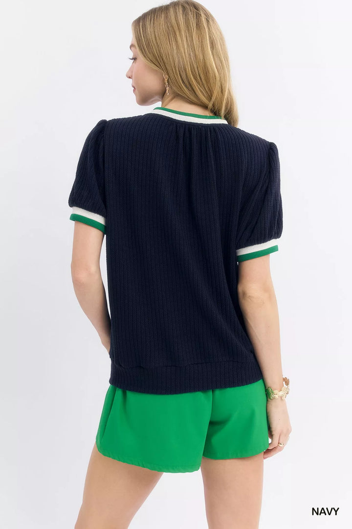 Navy Umgee Puff Sleeve Knit Top With Contrast Rib Trim 1