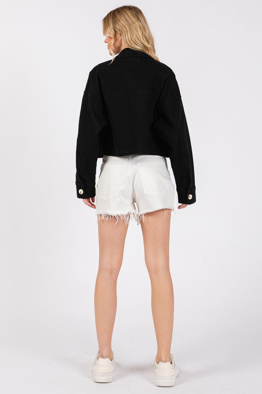 Black Bytos Button Down Cropped Denim Jacket With Patch Pockets 1