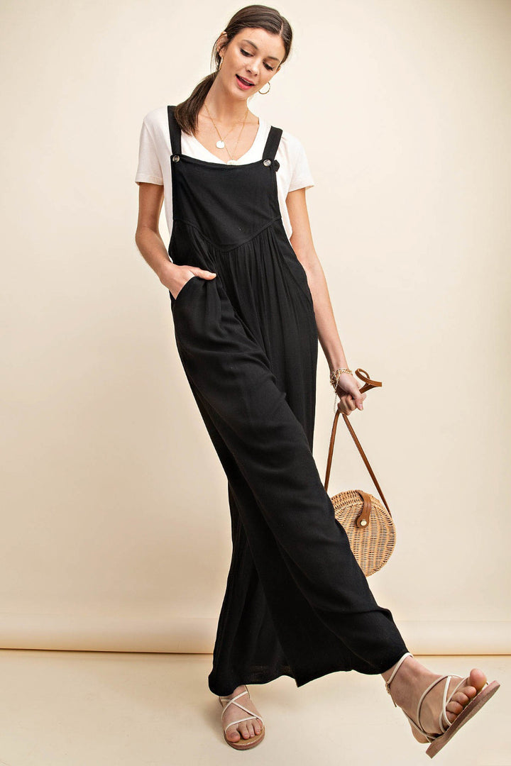 Black Kori America Full Size Sleeveless Ruched Wide Leg Overalls