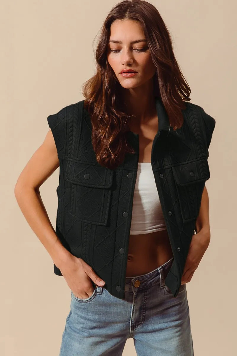 Black So Me Cable Quilting Stitch Button Up Knit Vest