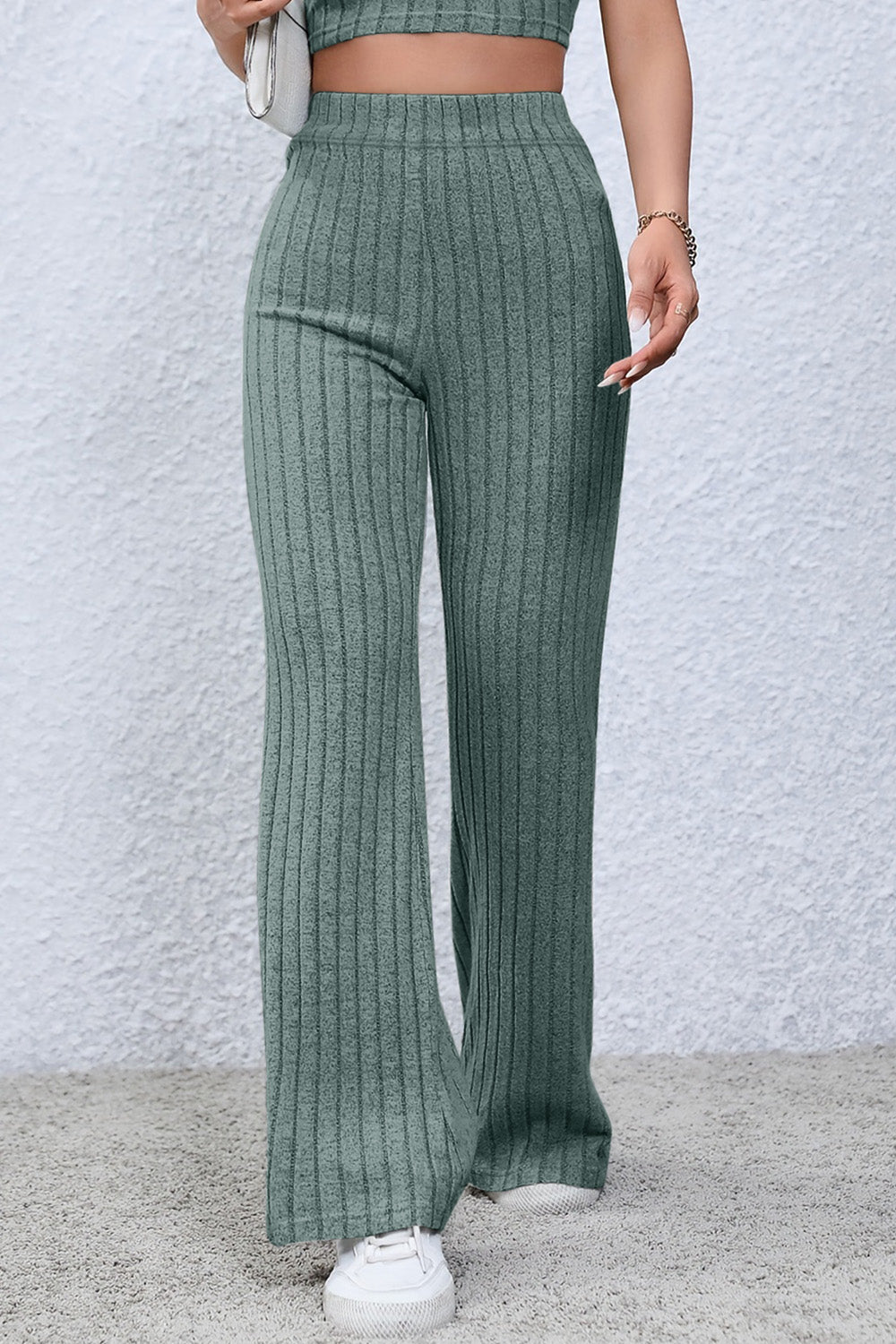 Deep Teal Basic Bae Full Size Ribbed High Waist Flare Pants