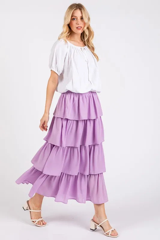 Lavender Mittoshop Chiffon Ruffle Layer Elastic Waist Midi Skirt