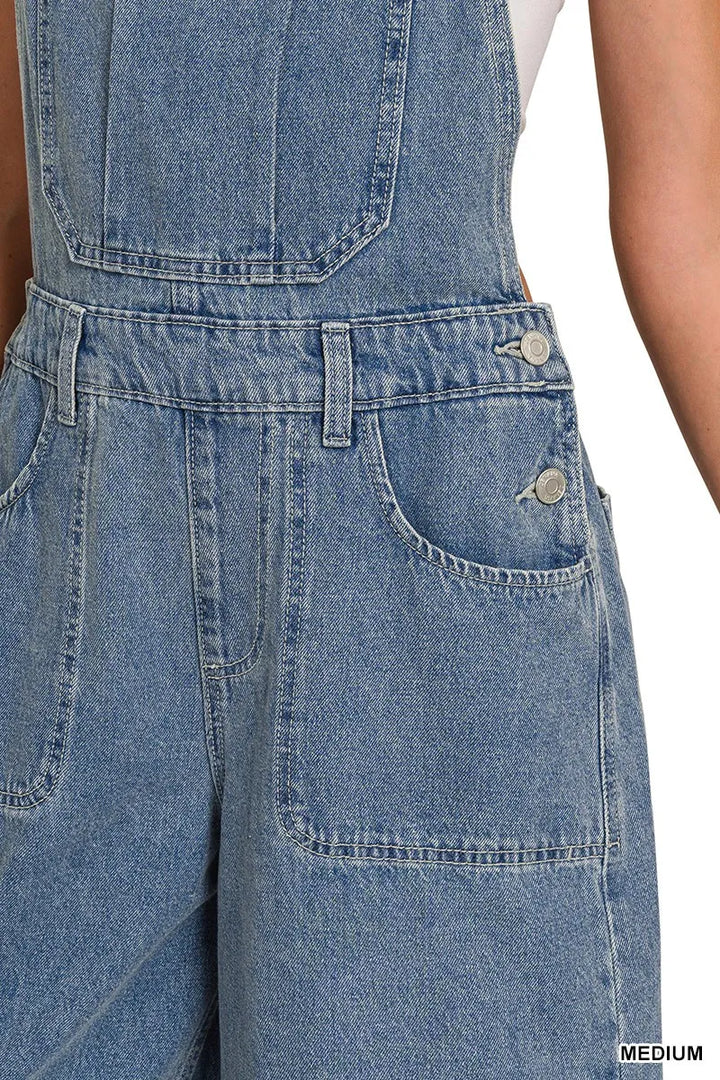 Zenana Denim Medium Washed Wide Leg Overalls
