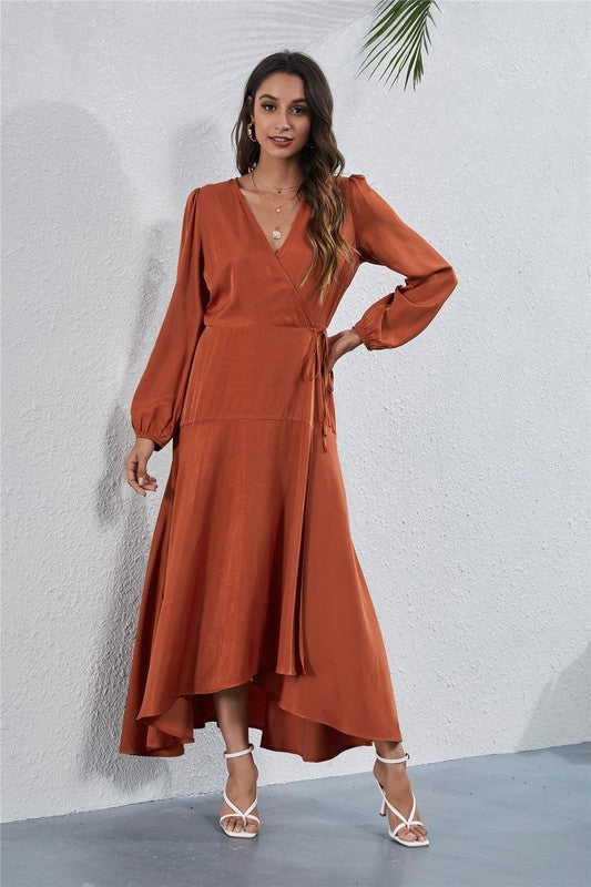 Rust Womens V Neck Long Sleeve Maxi Dress