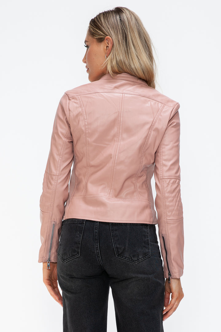 Snobbish Faux Leather Zip Up Drawstring Hooded Jacket 4