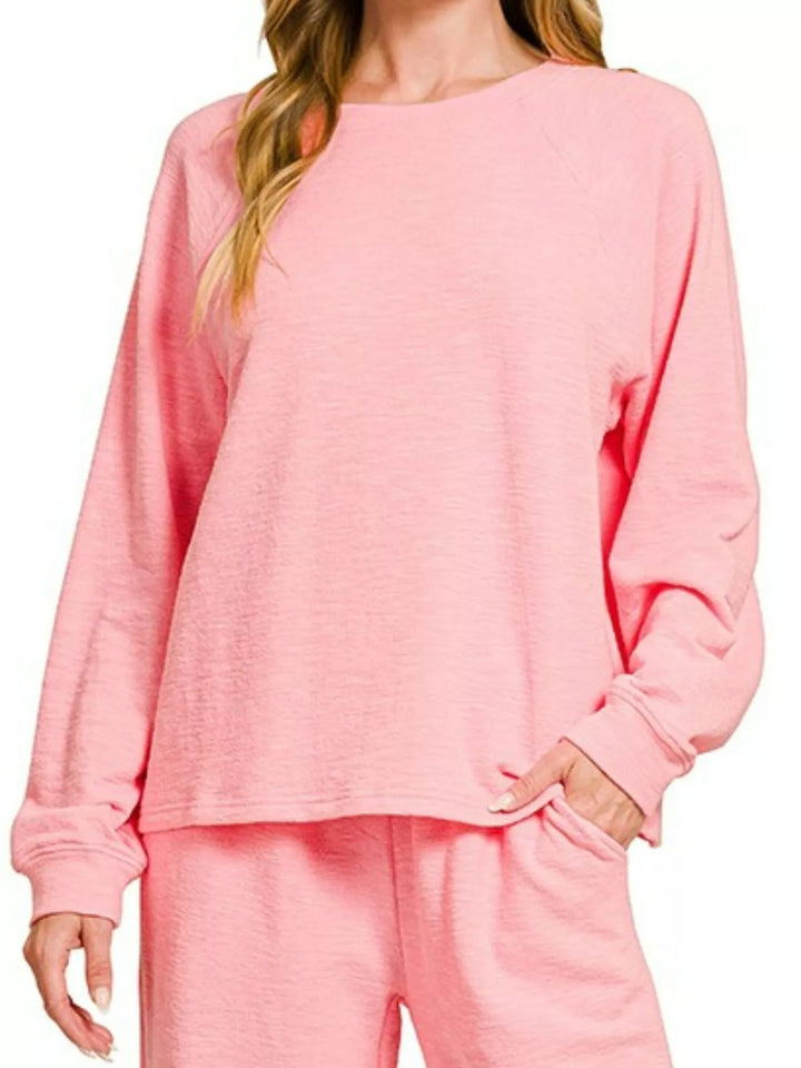 Dk Pink Zenana Slub Long Sleeve Top And Pants Lounge Set