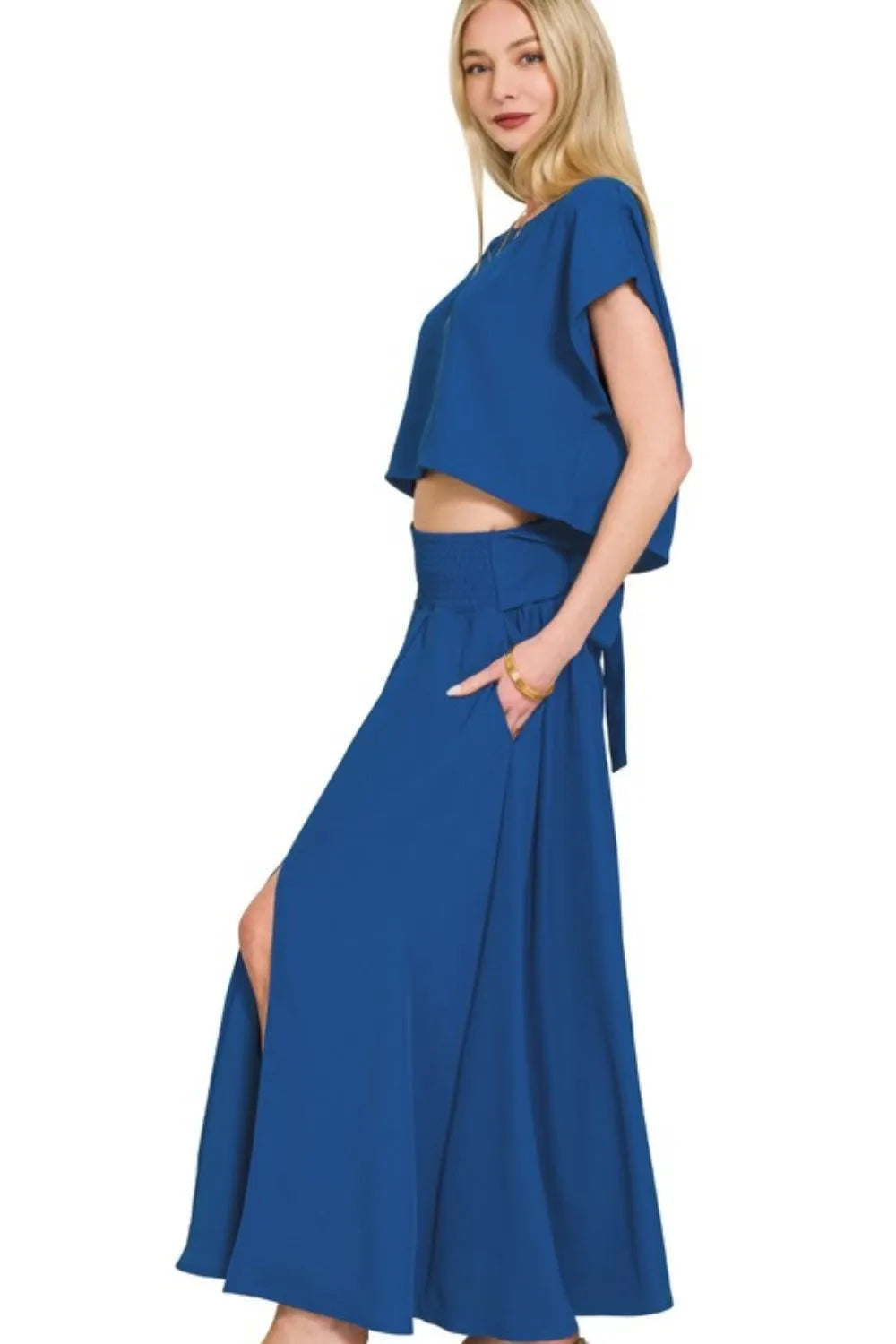 Lt Navy Zenana Heavy Woven Span Crop Tee Skirt Set
