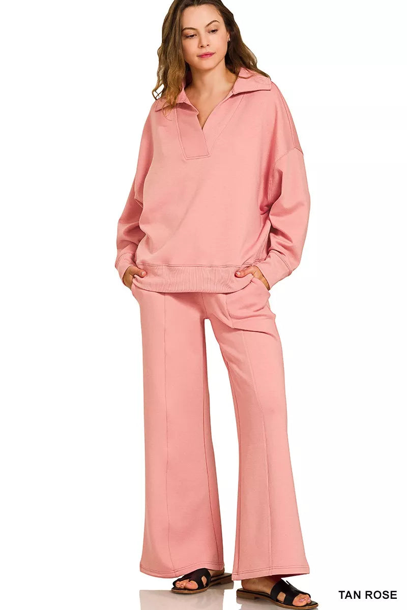 Tan Rose Zenana Scuba Collared Pullover And Pants Set 2