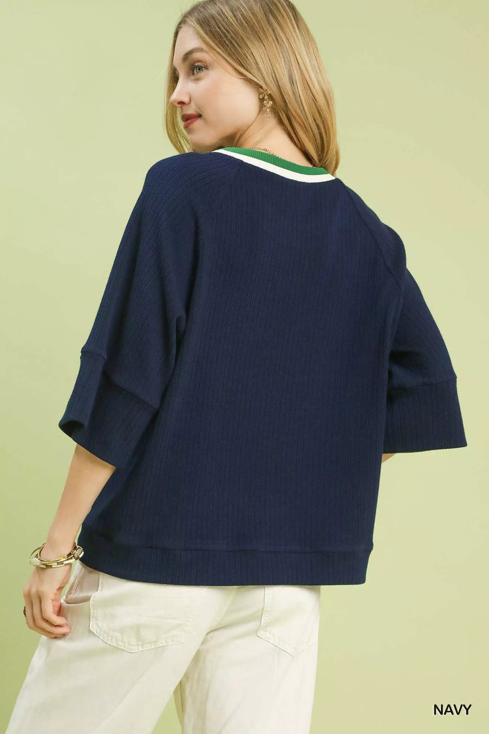 Navy Umgee Ribbed Knit Top With Contrast Trim 1