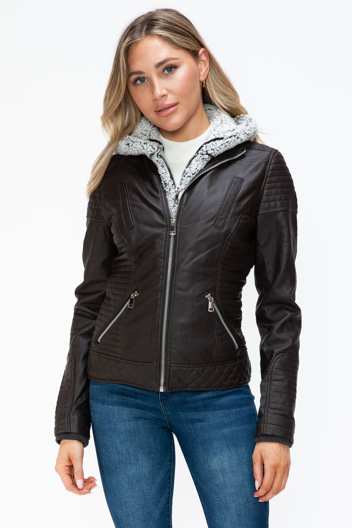 Ymi Faux Layered Double Zipper Jacket With Fuzzy Hood