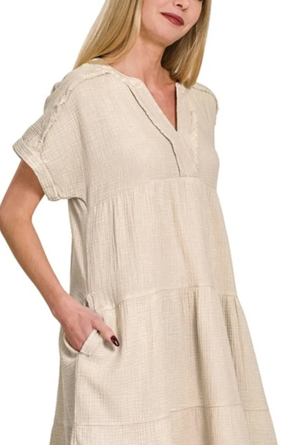 Sand Beige Zenana Washed Double Gauze Raw Edge V Neck Dress