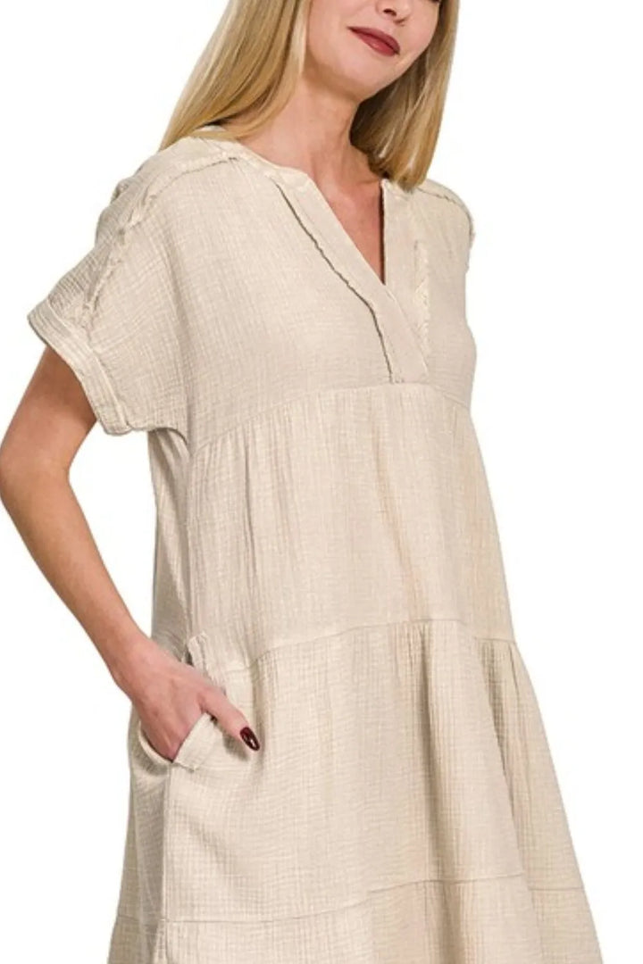 Sand Beige Zenana Washed Double Gauze Raw Edge V Neck Dress