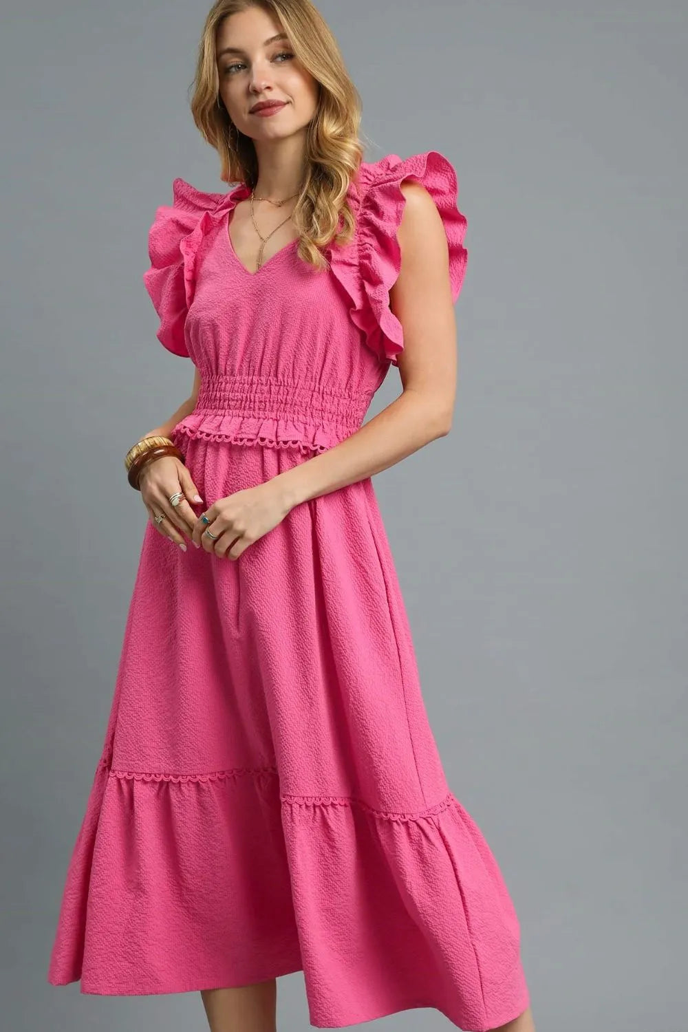 Hot Pink Umgee V Neck Ruffled Cap Sleeve Midi Dress